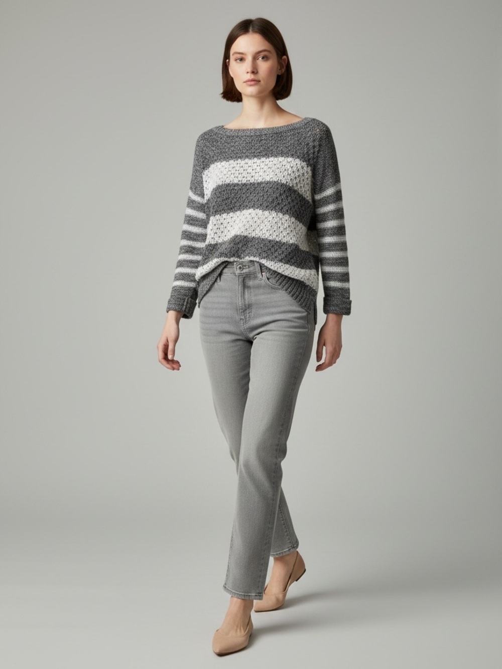 Ricki’s Sweater Lightweight Open Weave Cotton Grey Stripes Size Small